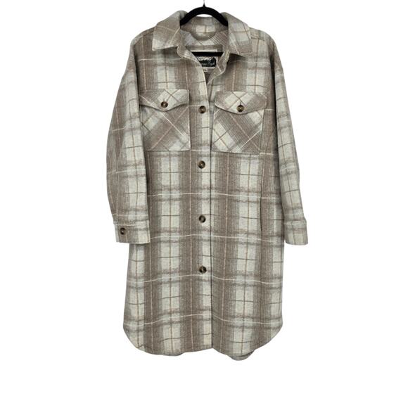 American Eagle Outfitters Jackets & Blazers - American Eagle Tan Plaid Fleece Elongated Shirt Jacket Shacket W/ Pockets Size M